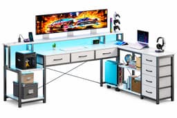 Vurnomi Bureau - Hoekbureau - Gaming bureau - L vormig bureau - Hoekbureau gaming - LED Verlichting - 200 x 148 cm - Wit — thumbnail 1
