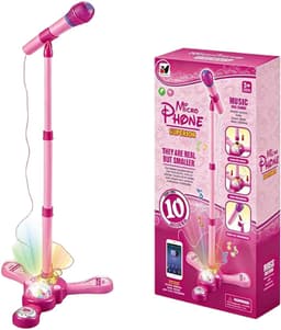 Roze Karaokemicrofoon voor Kinderen - Verstelbare Standaard 40-90 cm - Roterende Lichtbal - 10 Geluidseffecten - Voor Smartphone & MP3 - Vanaf 3 Jaar — thumbnail 1