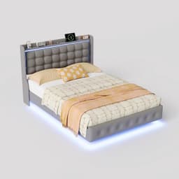 Bedframe 140 x 200 met LED, hoofdeinde met plank en USB/Type-C-poorten, metalen frame en latten, fluwelen bekleding (grijs, 140 x 200 cm) — thumbnail 5