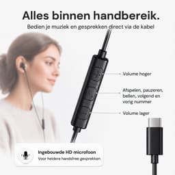 Qualitech® Oortjes met Draad USB C - In-ear Oordopjes met Microfoon - Geschikt voor Apple Iphone en Samsung met USB C Poort - Bedraad - Zwart — thumbnail 5