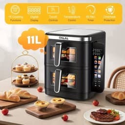 Airfryer – Heteluchtfriteuse – Dubbele Mand – Dubbele Lade – XXL Heteluchtoven – 11L Capaciteit – Verticaal Stapelbaar – PFAS-vrij – 2800W – 10 Kookprogramma’s – Sync & Match Functie — thumbnail 5