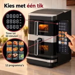 Cheqo® Dubbele Airfryer met Pizza Oven - Heteluchtfriteuse XXL met 2 Manden en Kijkvenster - Pizzamaker - Airfryer Dual Zone - Friteuse zonder Olie - Hetelucht Oven - Touchscreen - 12 Programma's - PFAS-Vrij - Pizzaoven - 2800W - Zwart — thumbnail 4