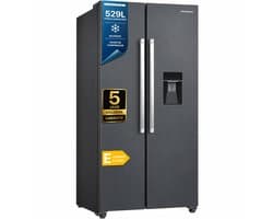 Heinner HSBS-HM529NFINVDGWDE++ American Side-by-Side Koelkast met Waterdispenser 529 L – Total No Frost – Inverter Compressor – Super Freeze – Open-deur Alarm – Vingerafdrukbestendige Afwerking – Antracietgrijs – 5 Jaar Garantie