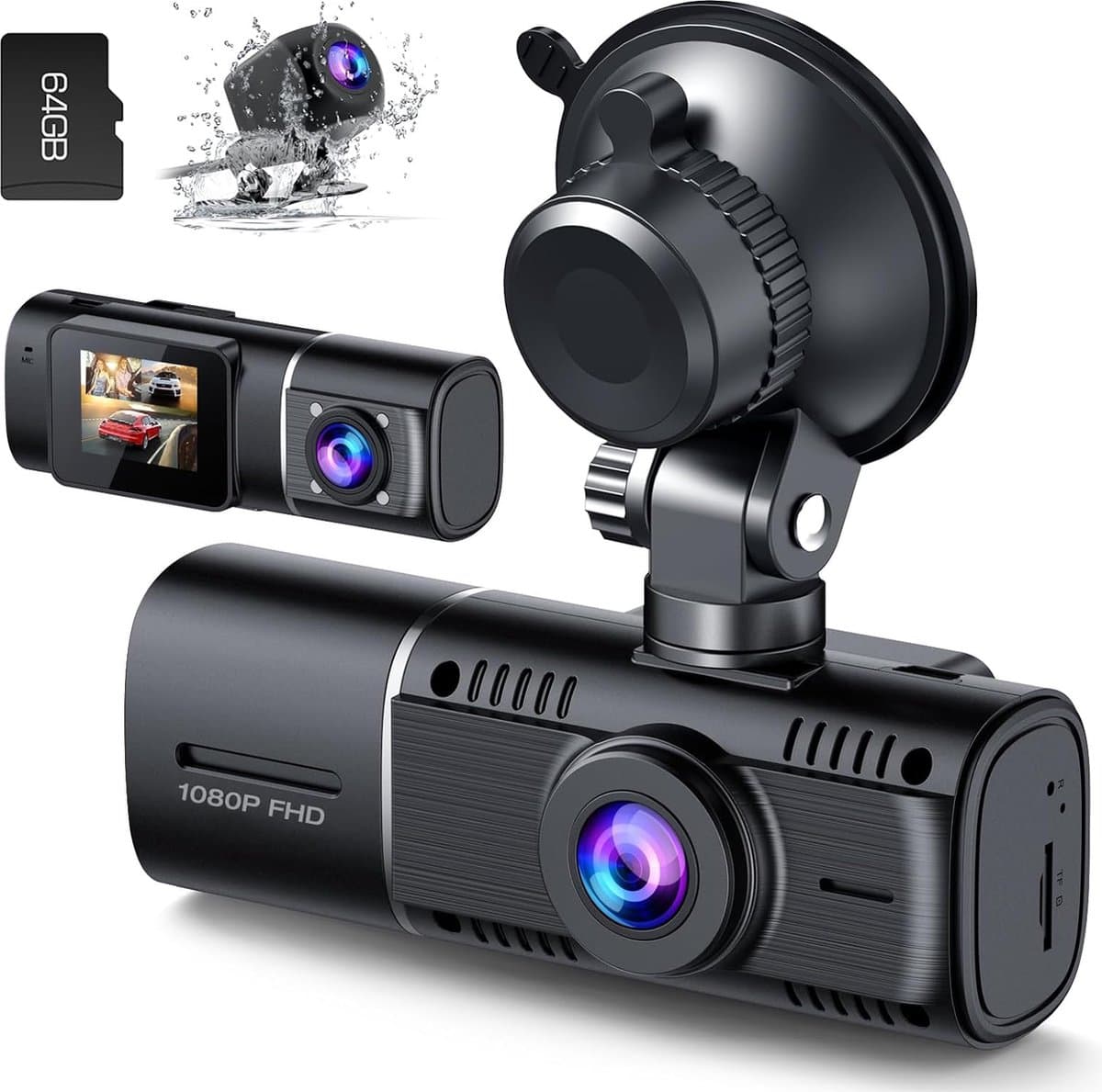 3-Kanaals Auto Dashcam - Full HD Voor- Achter- en Interieurregistratie - Infrarood Nachtzicht - Bewegingsdetectie - Compact en Discreet Ontwerp - Parkeermodus - Auto Beveiligingscamera — afbeelding 1