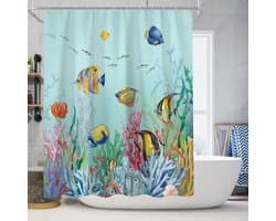 Floraweg Douchegordijn,Shower Curtain,badgordijn,badkamergordijn,onderwaterwereld, kustkust, golven, bloemen , digitale printen -Anti Schimmel - Inclusief 12 ringen -met 12 stuks douchegordijnhaken – Waterdicht -Wasbaar- Polyester - 180x200 cm