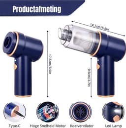 Kruimeldief - Mini kruimeldief - Kruimelzuiger - Handstofzuiger - Nat en droog vuil - Incl. 5 opzetstukken - Air duster - Autostofzuiger - Draadloze stofzuiger - 8000PA - Hepa filter – Blauw — thumbnail 11