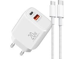 Dual USB C Adapter + USB C Kabel - Snellader 20W - USBC naar USB-C Oplader - Snellader - USB-C Kabels