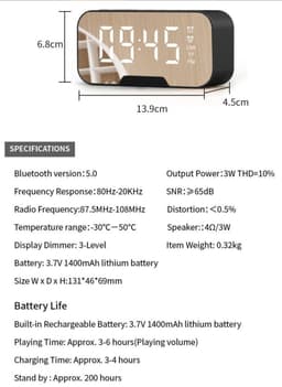 Digitale bluetooth speaker, KLOK met wekker en radio, spiegel en TF ingang. — thumbnail 2