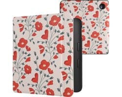 kwmobile e-reader hoesje geschikt voor Kobo Libra 2 hoes - E reader flip case met magnetische sluiting - Ereader cover - Klaprozen design in rood / groen / beige