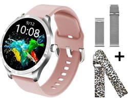 Belesy® BQSiRgPk Pro - Smartwatch Dames – Smartwatch Heren - Horloge - 1.28 inch - Kleurenscherm - Stappenteller - Bloeddruk - Hartslag - 75+ Wijzerplaten – Zilver – Siliconen – Roze – extra polsband Milanees Zilver en Panterprint - Kerstcadeau