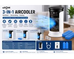 oROMI Mini Aircooler met Waterverneveling – 6 Snelheden – 300 ml Watertank – 7 Kleuren LED – Timer – USB Tafelventilator met 2 Koelelementen