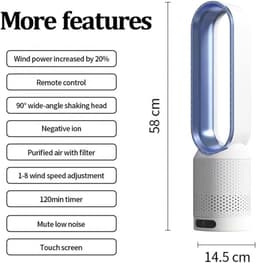 Bladloze Torenventilator - Staande Ventilator Zuiveraar - Frisse Lucht Creëren - Veilig Zonder Bladen - 58 cm - Blauw — thumbnail 5