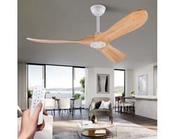 HAUSS SPOLE Ventilator – 52 Inch Plafondventilator Met 3 Houten Bladen En Afstandsbediening – 132 Cm – Metaal En Hout – Wit En Naturel – Voor Woonkamer En Terras