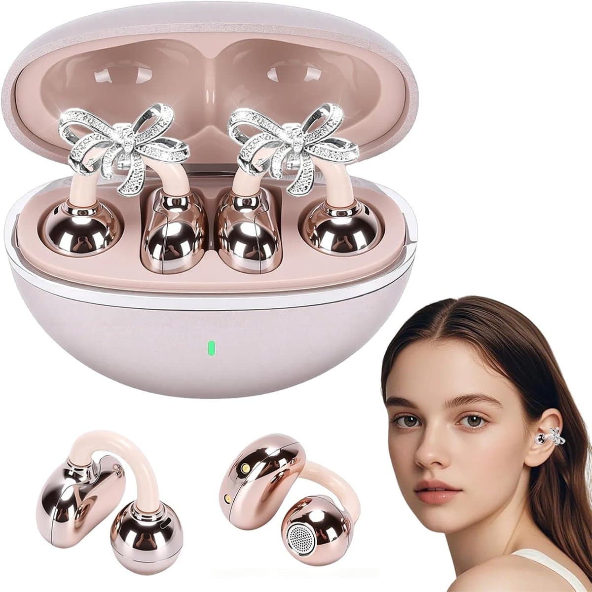 carmdering - stijlvolle clip-Open Ear Oortjes - Oortjes Draadloos - Sport Oordopjes - 5.4 Bluetooth - Clip On - afneembare vlinderoorbellen- Voor sport en kantoor-roze — afbeelding 1