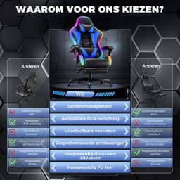 Devoko Game Stoel met ledverlichting-Ergonomische Gamestoel-Gaming chair met voetensteun-Bureaustoel met hoofdsteun en taille massage-Zwart blauw — thumbnail 4