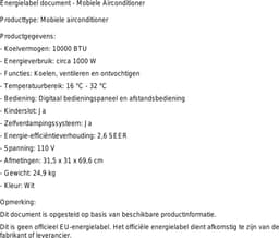 Mobiele airco 10000 BTU – 3-in-1 met ontvochtiger, afstandsbediening, timer en raamkit – tot 42 m² — thumbnail 2