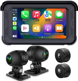 SnelShoppen - Waterdichte motorfiets dashcam met draadloze CarPlay, Android Auto, 5" IPS-aanraakscherm, dubbele camera HD 1080P, TPMS, Bluetooth, Wi-F — thumbnail 1