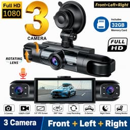 3-Camera Dashcam – 1080P Full HD Voorcamera & 720P Zijcamera's – 360° Opname met Nachtzicht en 3 Inch IPS-scherm – Inclusief 32GB memory kaart — thumbnail 1