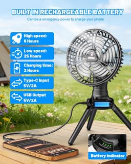 Campingventilator – Oplaadbare Ventilator met 7500mAh Batterij – Traploze Snelheidsregeling – LED-Verlichting – 180° Oscillatie – USB-C – Powerbankfunctie – Draagbare Ventilator voor Camping, Thuis en Kantoor — thumbnail 3