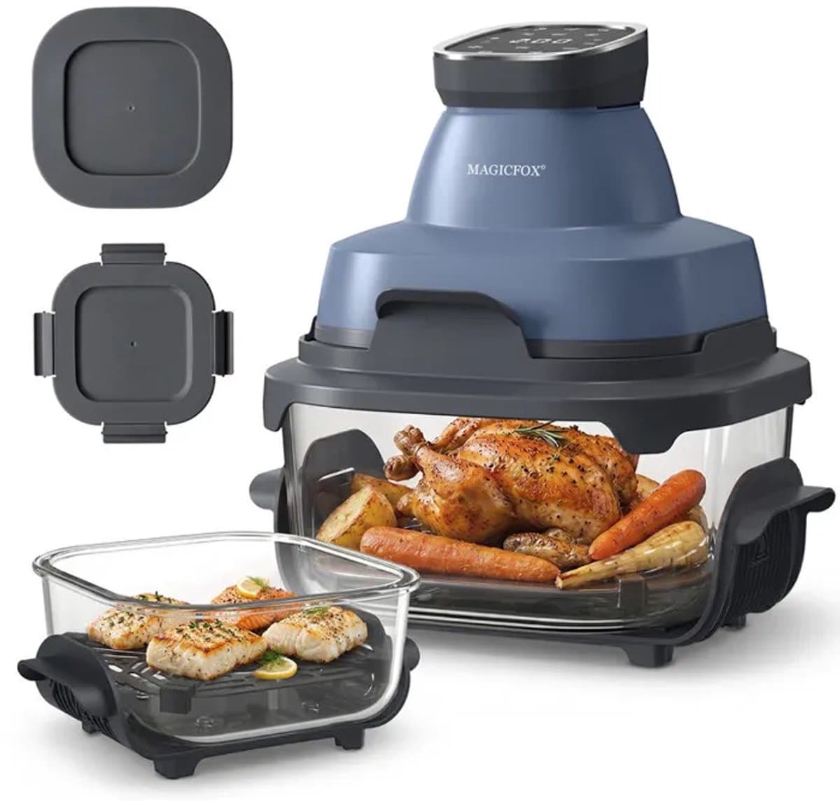 MAGICFOX Airfryer - 1,47L en 4L containers - 6 voorgeprogrammeerde programma's - 1500W glazen airfryer - Blauw — afbeelding 1