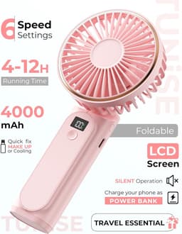 Draagbare handventilator, mini 180° opvouwbare ventilator, 6 snelheden, lcd-display, ultrastil, 4000 mAh, zakformaat, binnen/buiten te gebruiken, met draagkoord — thumbnail 3
