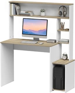 Computerbureau, 114 x 45 x 138 cm, bureau met opbergruimte, open planken en pc-houder, wit en naturel hout — thumbnail 4