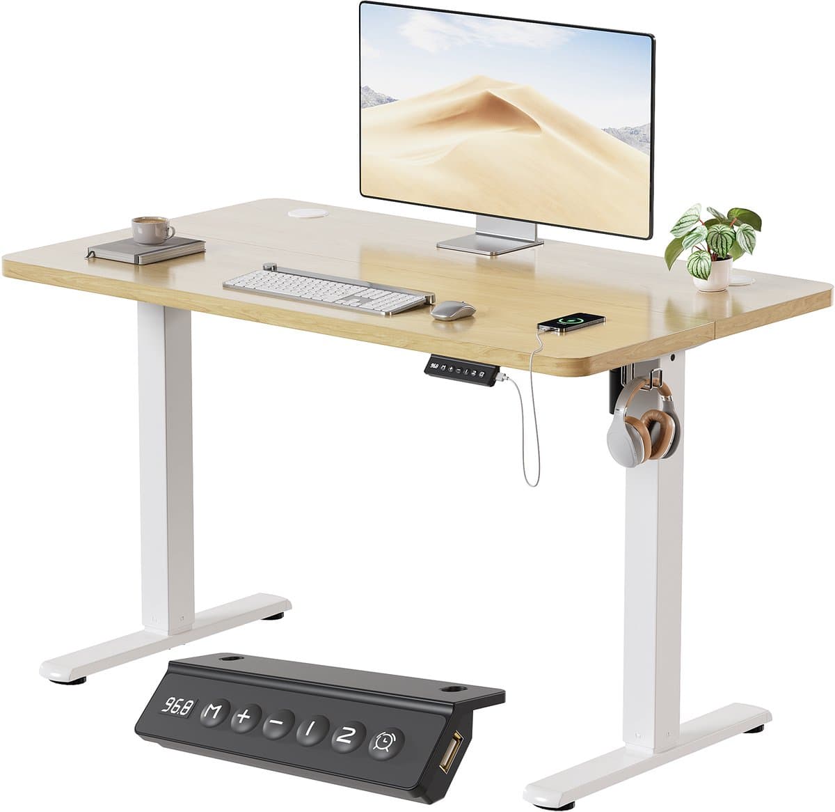 Devoko Elektrisch Hoogteverstelbaar Bureau - Zit-Sta Bureau 100x60 cm - Digitaal Display met 2 Geheugenstanden en Zitherinnering - Wit/Beige — afbeelding 1