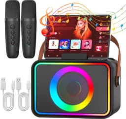 Zwarte Karaoke Set - Draagbare Bluetooth Karaoke Speaker - 2 Draadloze Microfoons - 10W 360° Stereogeluid - 5 Stemeffecten - Meerkleurige Verlichting - Voor Thuis, Feestjes, BBQ en Kamperen — thumbnail 1