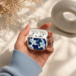 Enluxe Case geschikt voor Airpods 4 - Blue Wave Pattern Design Blauw Wit met karabijn haak — thumbnail 5