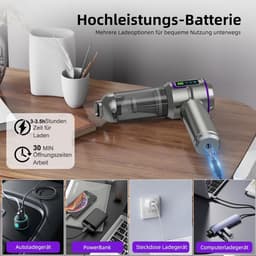 Wishdor Handstofzuiger auto 16000Pa - Draadloze kruimeldief met blaas- en zuigfunctie - Met 9 opzetstukken en LED display - Voor auto en thuis - Zilver paars - 21,4 x 4,8 x 20 cm — thumbnail 4