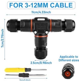 3-polige kabelconnector, waterdicht IP68, T-vormige kabelconnector, waterdicht, 3-polige aardkabel, aansluitmof voor kabeldiameter 3-12 mm, 2-voudige waterdichte aansluitdoos voor tuin en — thumbnail 2