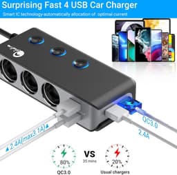 Thijox - Verbeterde QC 3.0 Auto Sigarettenaansteker met 120W DC, 3 Contactdozen en 4 USB Poorten voor Snel Opladen van iPhone, Android, GPS, Dashcam e — thumbnail 5