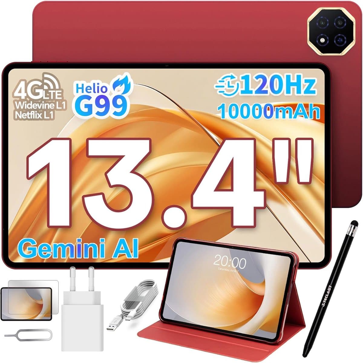 SnelShoppen - 13.4 Inch Gaming Tablet met 120Hz Display, 20GB RAM, 128GB ROM (8TB TF), Helio G99, 4G LTE Dual SIM, 10000mAh Batterij, GPS, Widevine L1 — afbeelding 1