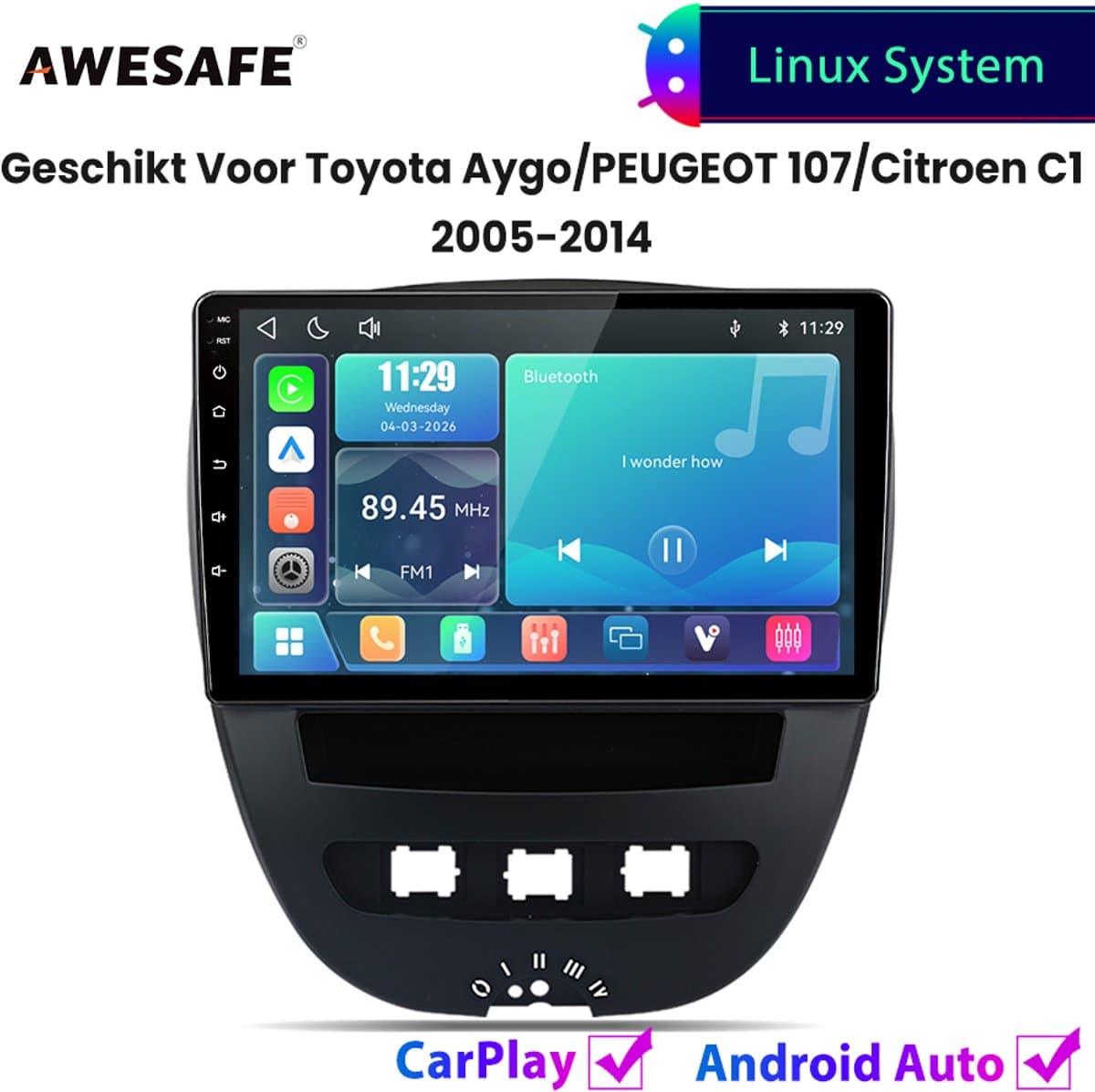 Awesafe Autoradio - Geschikt Voor Toyota Aygo/PEUGEOT 107/Citroen C1 2005 t/m 2014 - Draadloos Carplay Android Auto - Linux systeem - 10 Inch Touchscreen - Bluetooth Wifi - 2005 2006 2007 2008 2009 2010 2011 2012 2013 2014 — afbeelding 1