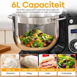 AALVERO - Deegmixer - Keukenmachine - Zweepdeegkneder - Inclusief accessoires - 6 snelheden - 6L - Stille motor - 1200W - Zwart — thumbnail 4