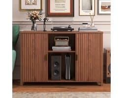 BROTTAR 47,2" platenspelermeubel bruin met geribbelde deuren, vinylplatenkast voor 7"/10"/12" LP's, 16 opbergvakken, stofvrije opberging, mid-century design voor woonkamer en muziekhoek