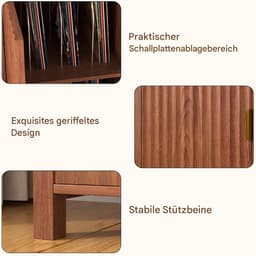 BROTTAR 47,2" platenspelermeubel bruin met geribbelde deuren, vinylplatenkast voor 7"/10"/12" LP's, 16 opbergvakken, stofvrije opberging, mid-century design voor woonkamer en muziekhoek — thumbnail 2