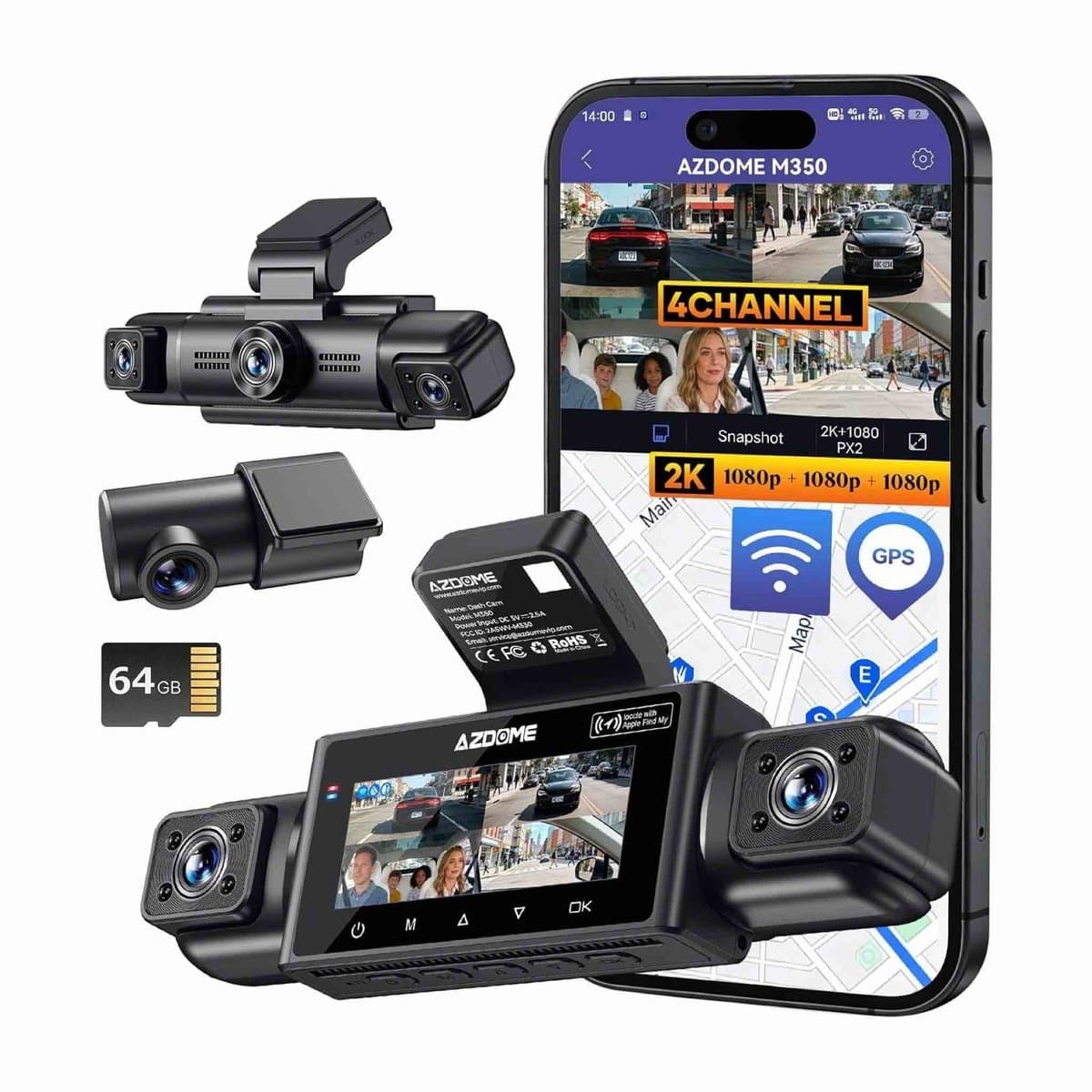 [World first Apple Find My Dashcam] AZDOME M350 4-kanaals 360 volledig zicht Dashcam werkt met Apple Find My Dashcam voor 2,5K, 1080P achterkamera links en rechts voor auto's, IR-nachtzicht ingebouwde GPS met Find My spraakbesturing, 5G wifi, supercondens — afbeelding 1