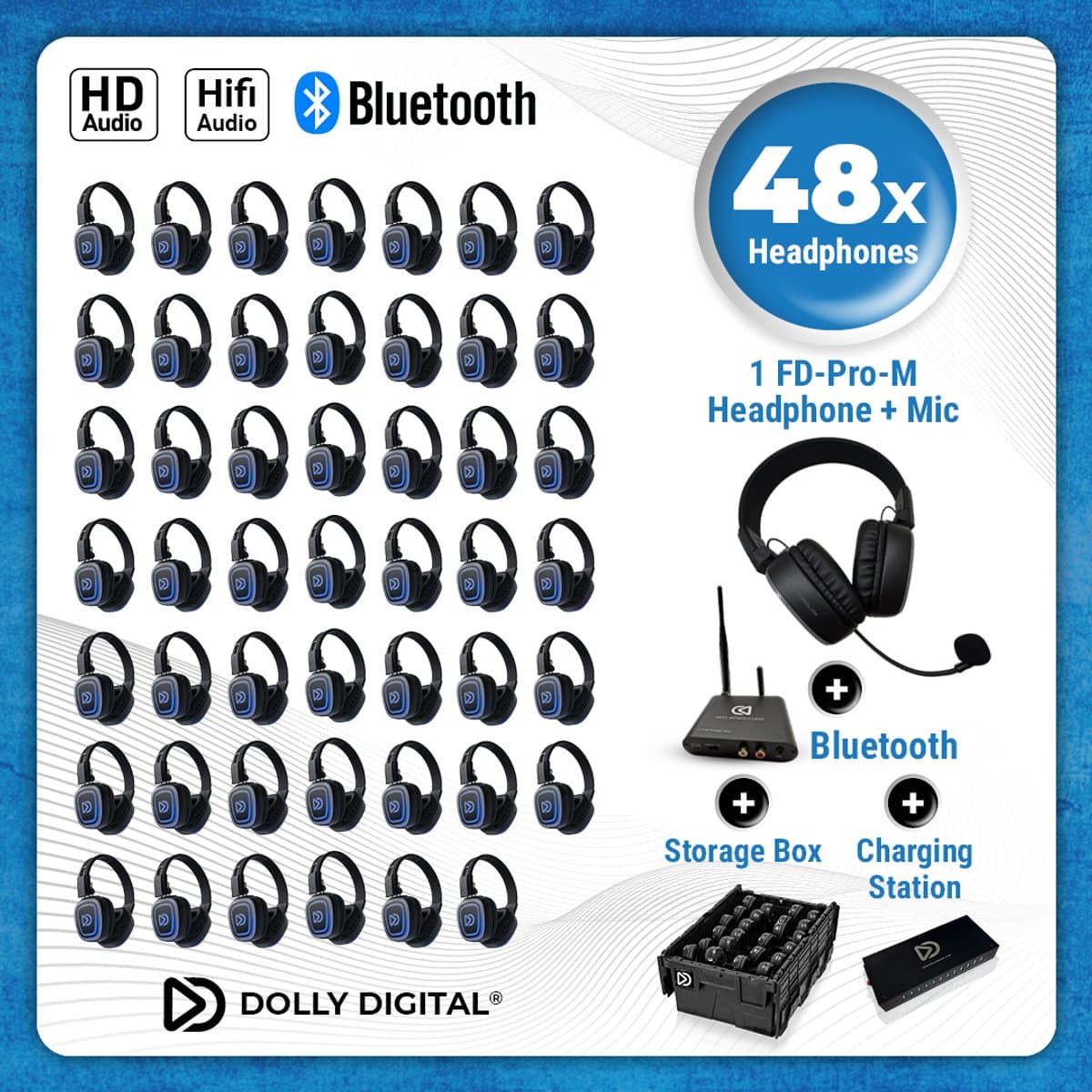 48 set Silent Disco Pro Box Bluetooth | 48 HiFi Headsets FD-Pro, Oplaadbare zender T80-Pro Bluetooth, oplaadstation | DOLLY DIGITAL© — afbeelding 1