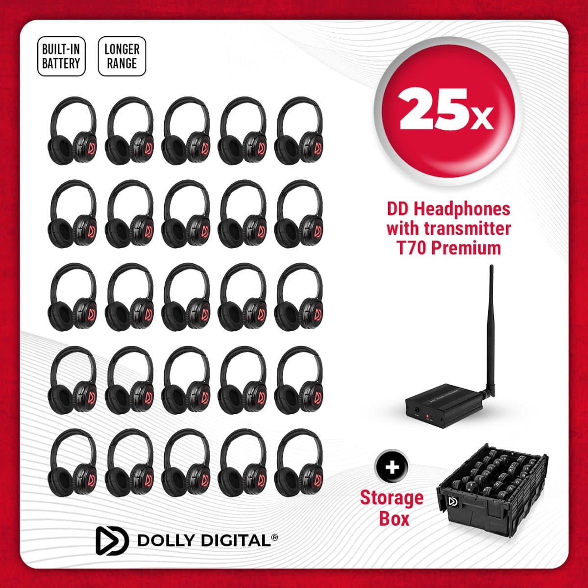 Silent Disco. Silent Disco PRO BOX 25 oplaadbare headsets + pro zender | Dolly Digital© — afbeelding 1