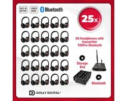 Dolly Digital© Original Silent Disco draadloze koptelefoons voor groepen. PRO BOX 25 oplaadbare headsets + Bluetooth zender T80Pro | Dolly Digital©