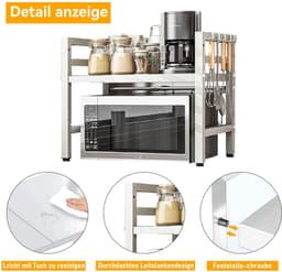CHIWIN Magnetron Rek Wit Uitschuifbaar 40-64cm - Keuken Magnetronkast met 6 Haken - Opbergrek voor Magnetron Verstelbare Hoogte 32/42cm - Koolstofstaal - 30kg Draagvermogen - voor Magnetrons, Airfryers, Oven — thumbnail 6