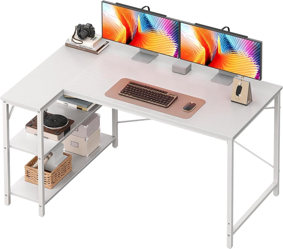 L-vormig computerbureau - Wit computerbureau - Houten bureau met open planken - 120 cm - Hoekbureau met planken Studiebureau Houten hoekbureau, geschikt voor studeerkamer, slaapkamer of thuiskantoor — afbeelding 1