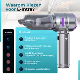 E-Intra® IntraPure 16000PA – 10 Opzetstukken - Kruimeldief Snoerloos - 3 Zuig & Blaas Standen - Opbergtas - Voor Auto, Thuis en Kantoor - Klein maar Krachtig - Stil & Compact – Krachtige Handstofzuiger met HEPA-filter en USB-Handstofzuiger — thumbnail 3