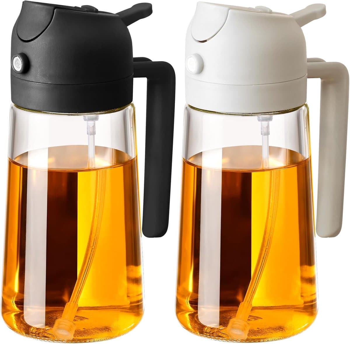 2-stuks-450ml-olie-sprayfles-olie-azijnstellen-glas-olijfolie-sprayer-olie-sprayer-keukengereedschap-bbq-accesoires-oliespuit-glazen-oliespray-voor-airfryers-en-salades-vaatwasserbestendig-zwart-en-wit — afbeelding 1