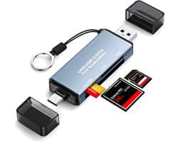 SD Kaart Lezer - 6-in-1 Aluminium Kaartlezer & Writer – USB & USB-C – SD, microSD, OTG – Cardreader voor Laptop, MacBook, Tablet & Smartphone