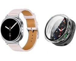 Strap-it Bundel – Leren Smartwatch Band met Gespsluiting (Roze) + Hard Case met Screenprotector Glas (Transparant) geschikt voor Samsung Galaxy Watch 8 (40mm)