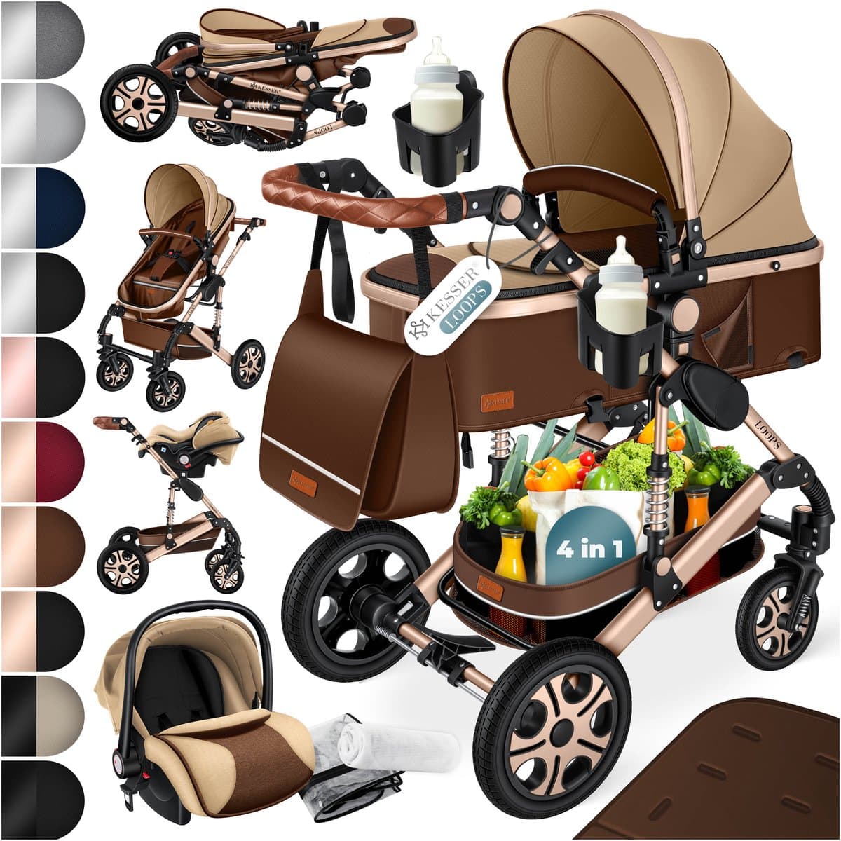 KESSER® Kinderwagen 3 in 1 Loops Wandelwagen Set incl. Autostoel & Reiswieg & Buggy Sportzitje - Massieve Rubberbanden - Luiertas / Regenhoes - Bruin / Champagne — afbeelding 1