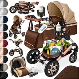 KESSER® Kinderwagen 3 in 1 Loops Wandelwagen Set incl. Autostoel & Reiswieg & Buggy Sportzitje - Massieve Rubberbanden - Luiertas / Regenhoes - Bruin / Champagne — thumbnail 1