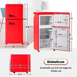 Retro koelkast. Vriescombinatie. 88,8 cm hoog, 45,5 cm breed, tweedeurs, met een totaal volume van 60 liter, een vriescapaciteit van 22 liter. 102 kWh/jaar, -27 °C ∽ 13 °C, ledverlichting. Premium rood, energieklasse E. — thumbnail 11